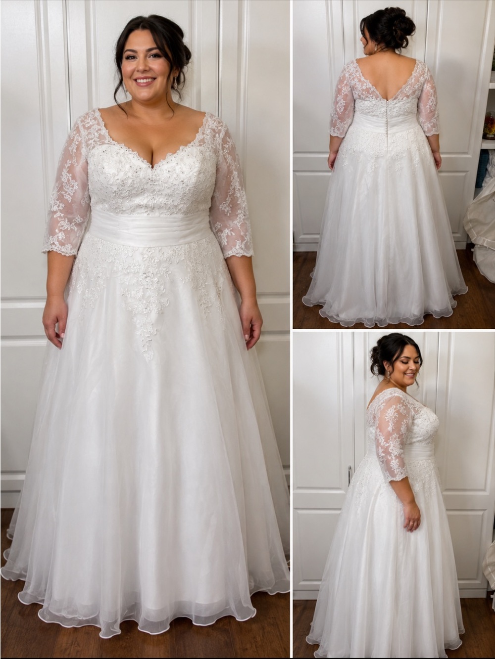 David's Bridal White Lace Sleeve A-Line Wedding Gown